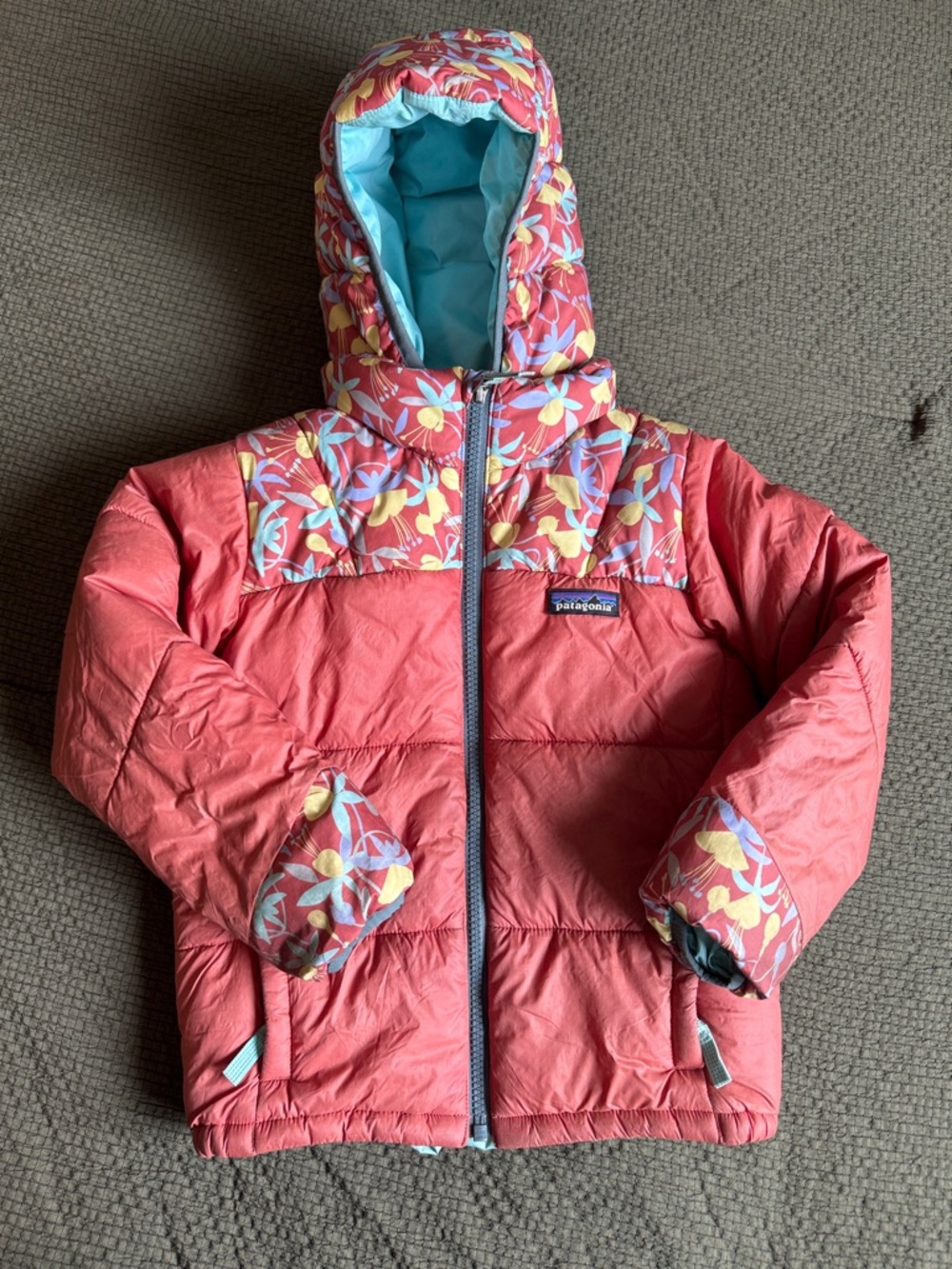 Patagonia Coral-Pink Floral Trim Hooded Puffer Jacket